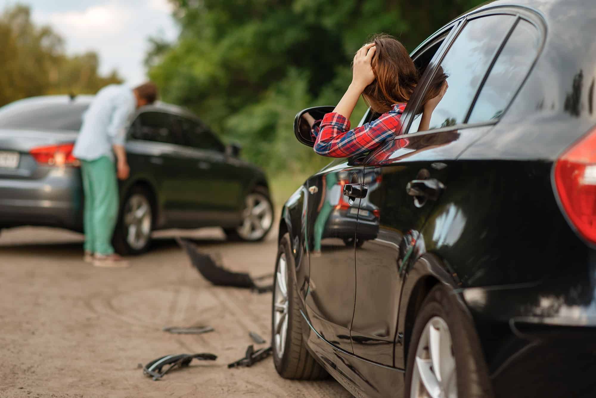Dangerous Traffic Road Careless Driving Car Collides Motorcycle Woman Hands  — Stock Photo © ipopba #219266872, image size:2000x1335